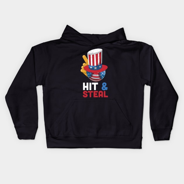 Hit and steal baseball lover gift, 4th of july gift idea, american flag baseball, independence day Kids Hoodie by Anodyle